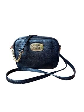 Michael Kors Black Leather Crossbody with Gold Plaque